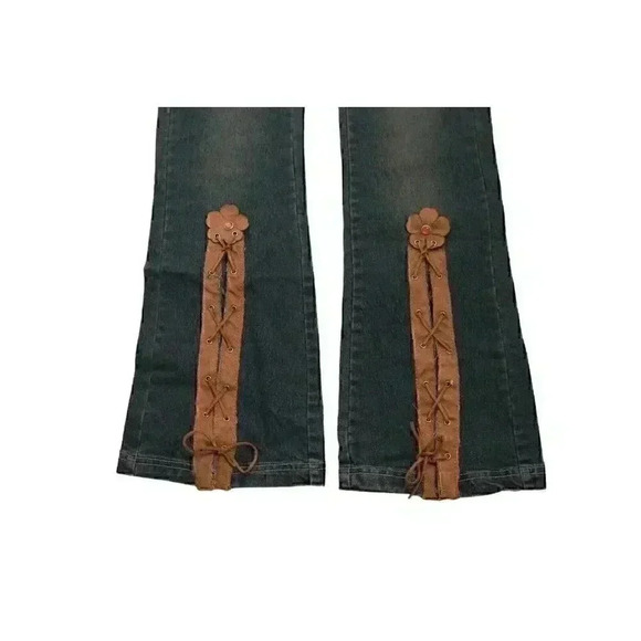 NWT Waist Size 29 Y2K Dark Wash Lace Up Flower Denim Flared Jeans Festival Boho - Picture 8 of 9